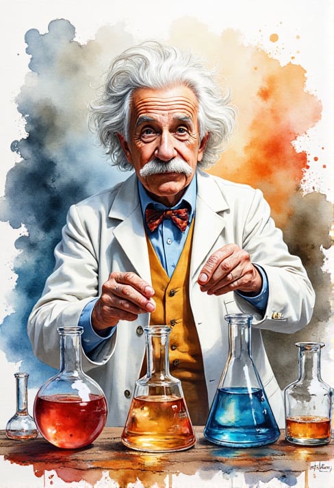 A watercolor ink illustration of Colonel Sanders as Einstein,  conducting an experiment. He stands in a medium shot,  surr...