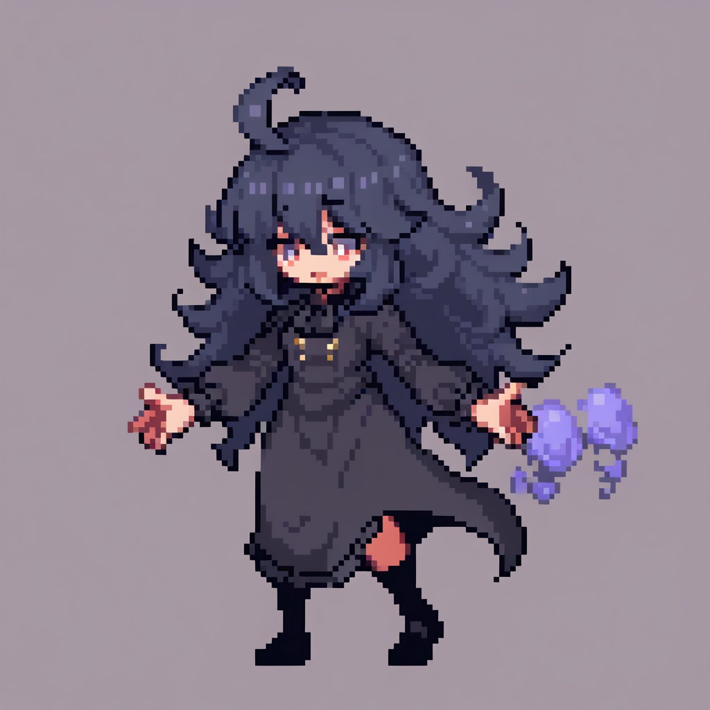 Solo_female, woman, hex maniac, night background, villain, shadow creature, shadow skin and hair, sprite, pixel style