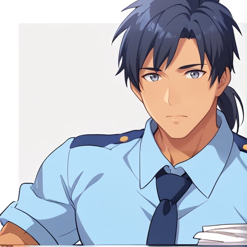 Male, 1boy, officer, tan skin, ponytail, overworked, muscular, fully clothed, modern, simple background, looking at viewer