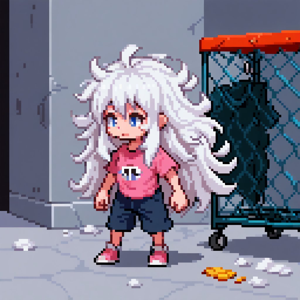 Solo_female, child, white hair, long hair, messy hair, homeless, bright blue eyes, messy clothes, sprite, pixel style