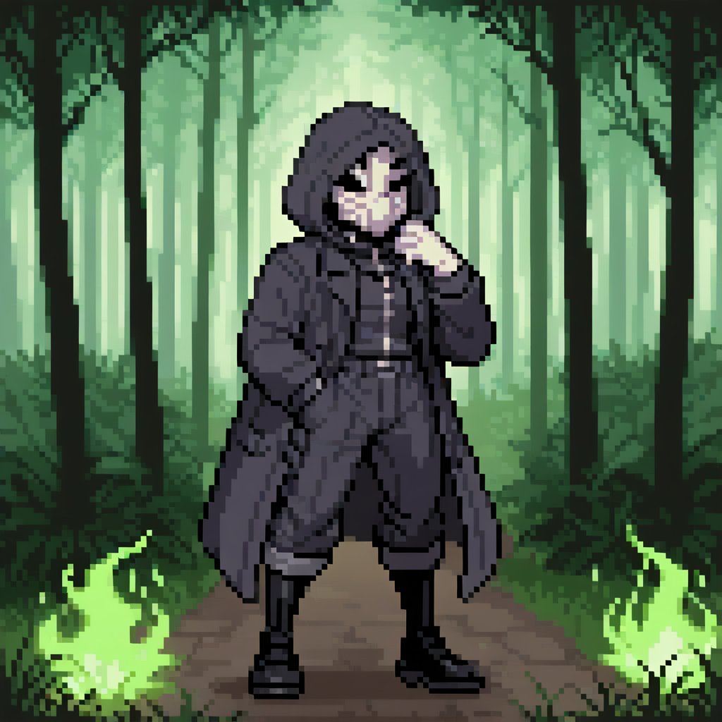 Solo_male, man, full covered hood, full white mask with glowing eyes, modern black clothing, long black coat, black pants, black boots, grey accents, no logos on clothing, no color on clothing, villain, forest background, menacing, fire in one hand, sprite, pixel style