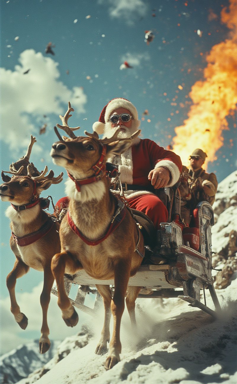 A futuristic holiday scene: Santa's high-tech sleigh,  adorned with gleaming steel wings,  hurtles through the skies as a...