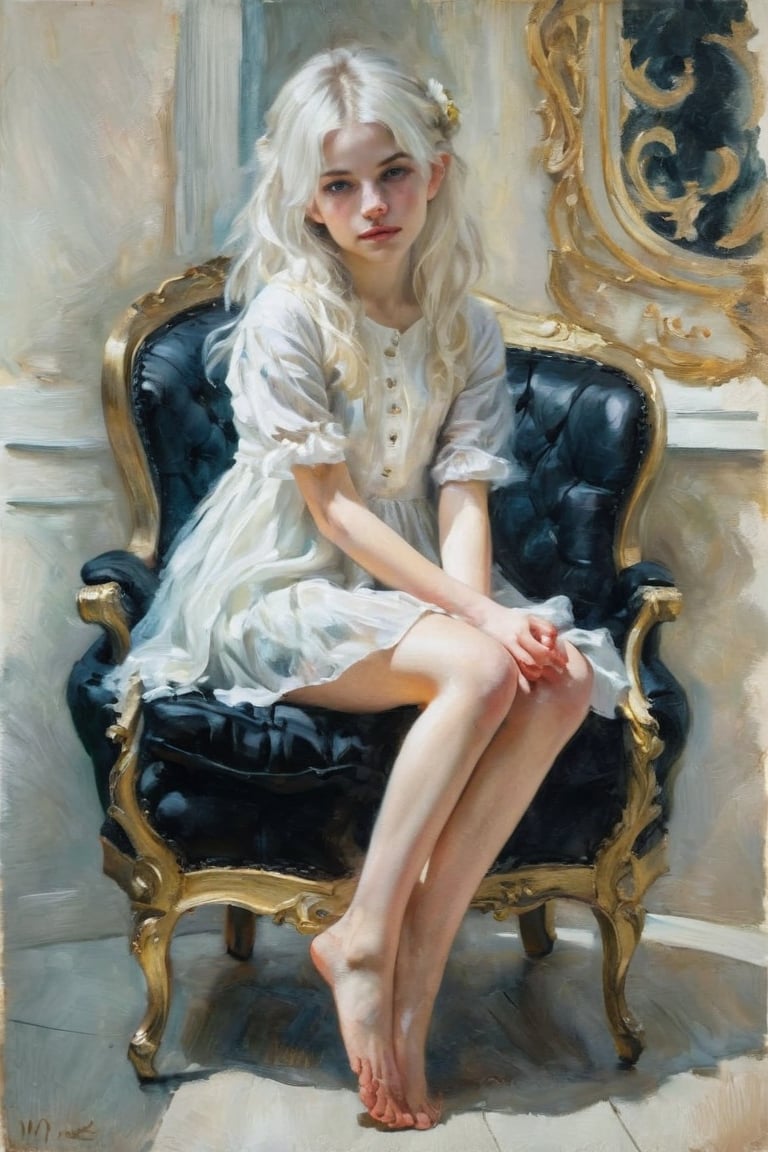 An impressionist style painting of a cute young girl, approximately 19 years old, barefoot, sitting on a black throne, with flourishes, white hair, Caucasian, white skin, artistically posing, looking at viewer, light background