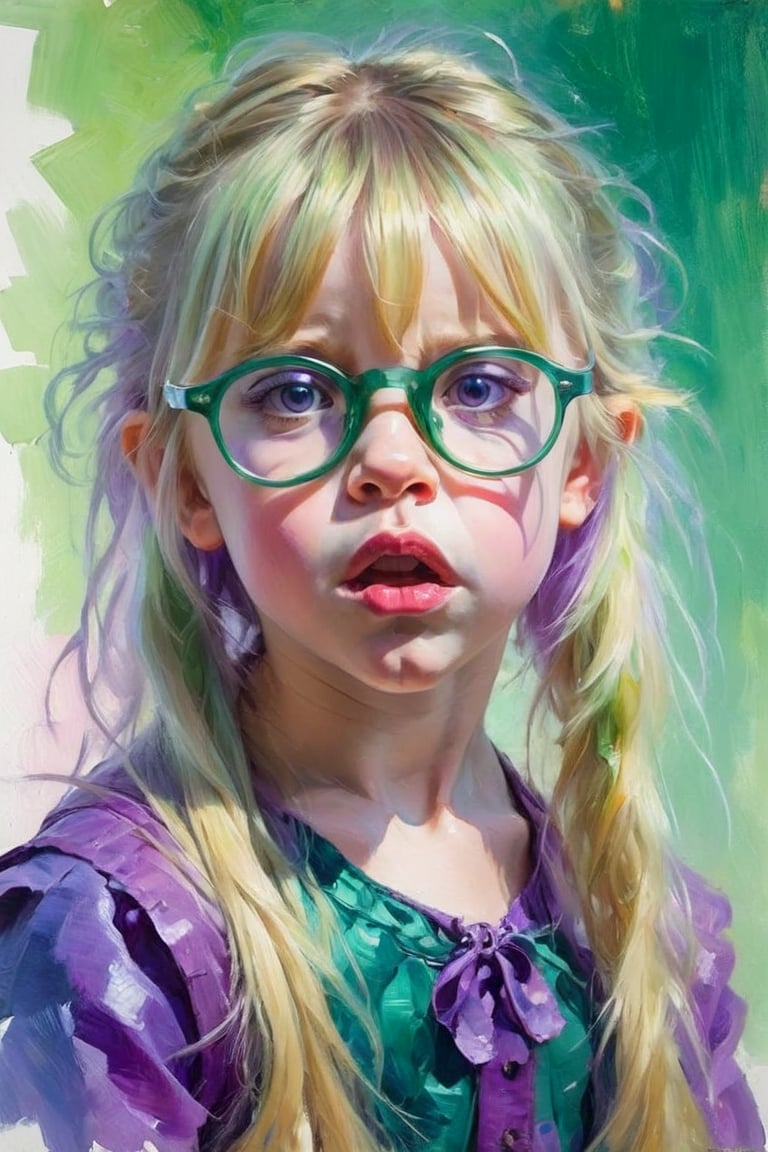 A portrait, impressionist style, a cute young girlish girl,  approximately 7 years old,  making a grimace with her lips, with green glasses, bangs, long hair, purple eyes, blonde hair, light background