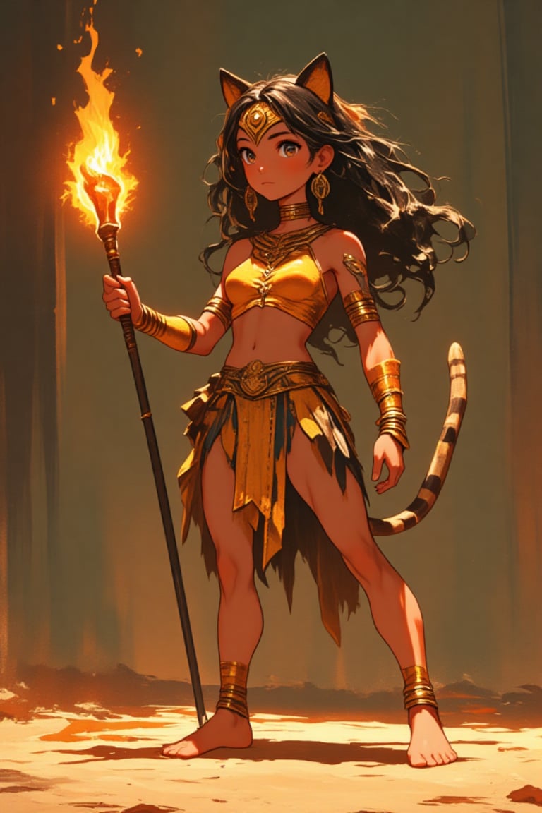  A cute young girl, barefoot, dressed as a jaguar, Aztec, Mayan warrior, with a torch in her hand, sexy pose