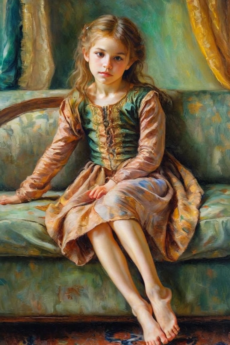 An impressionist style painting of a cute young girl, barefoot, lying on a sofa, artistic pose, wearing Renaissance clothing, tender face