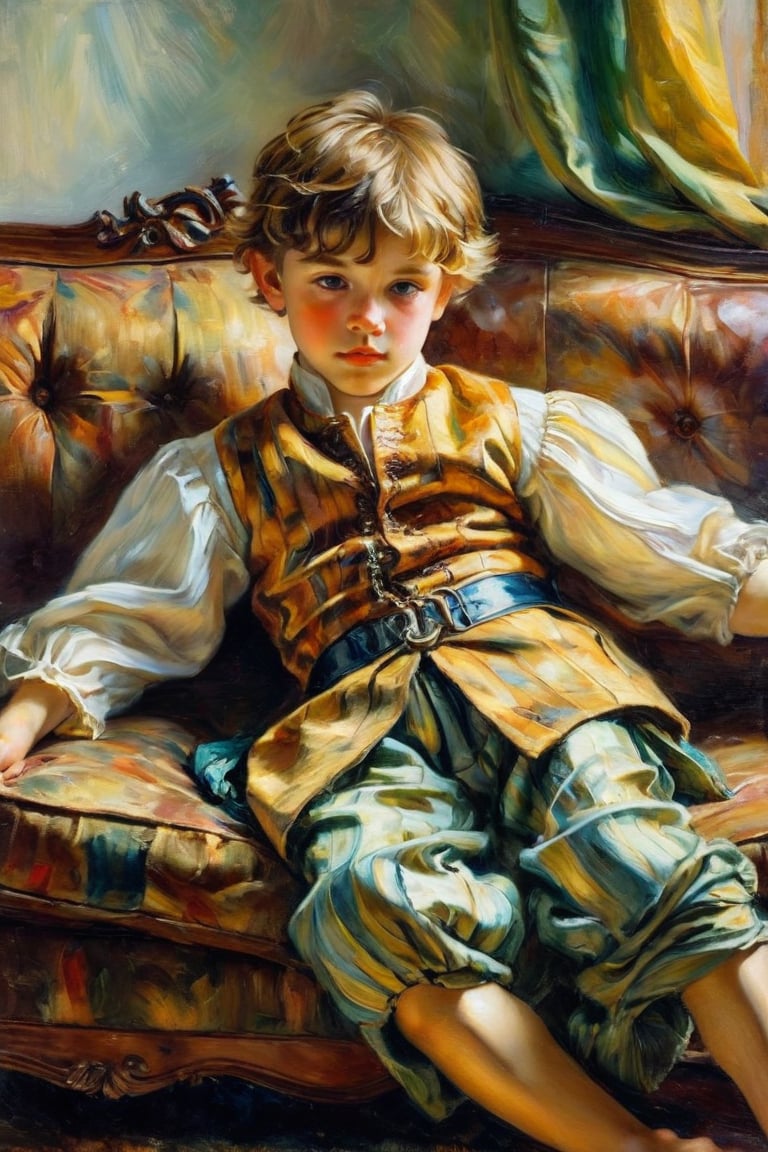 An impressionist style painting of a cute young boy, barefoot, lying on a sofa, artistic pose, wearing Renaissance clothing, tender face