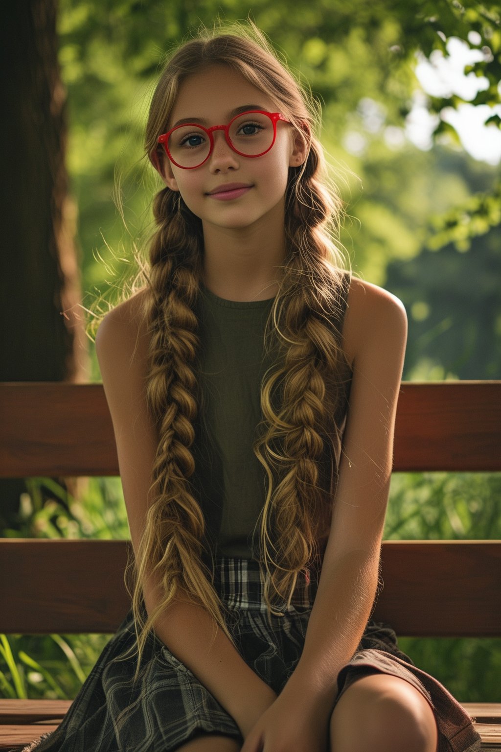 4k, A cute young girl, looking at the viewer, red glasses, long braided hair, wearing a sleeveless blouse, miniskirt, tender and light smile, sitting on a park bench, surrounded by green trees