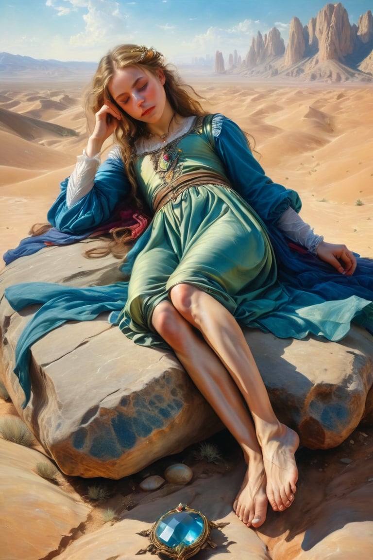 A pretty girl, lying on a rock, in the middle of the desert, the barefoot girl, artistic pose in the Renaissance style