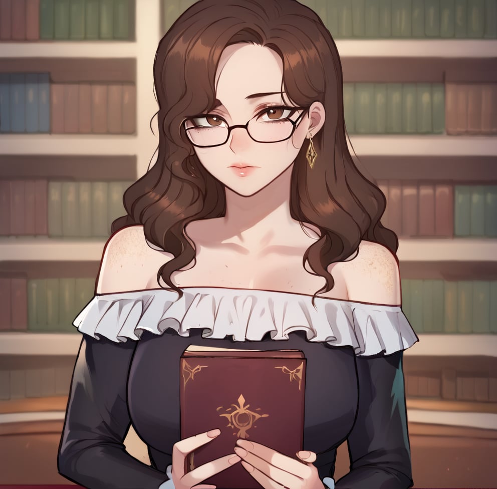 1girl, solo, long hair, looking at viewer, bangs, brown hair, long sleeves, dress, holding, brown eyes, jewelry, closed mouth, lips, sexy lips, upper body, earrings, glasses, indoors, wide sleeves, blurry, black dress, lips, book, blurry background, wavy hair, frilled sleeves, holding book, library, freckles,ratatatat74 artstyle,Eyes,Beautiful eyes