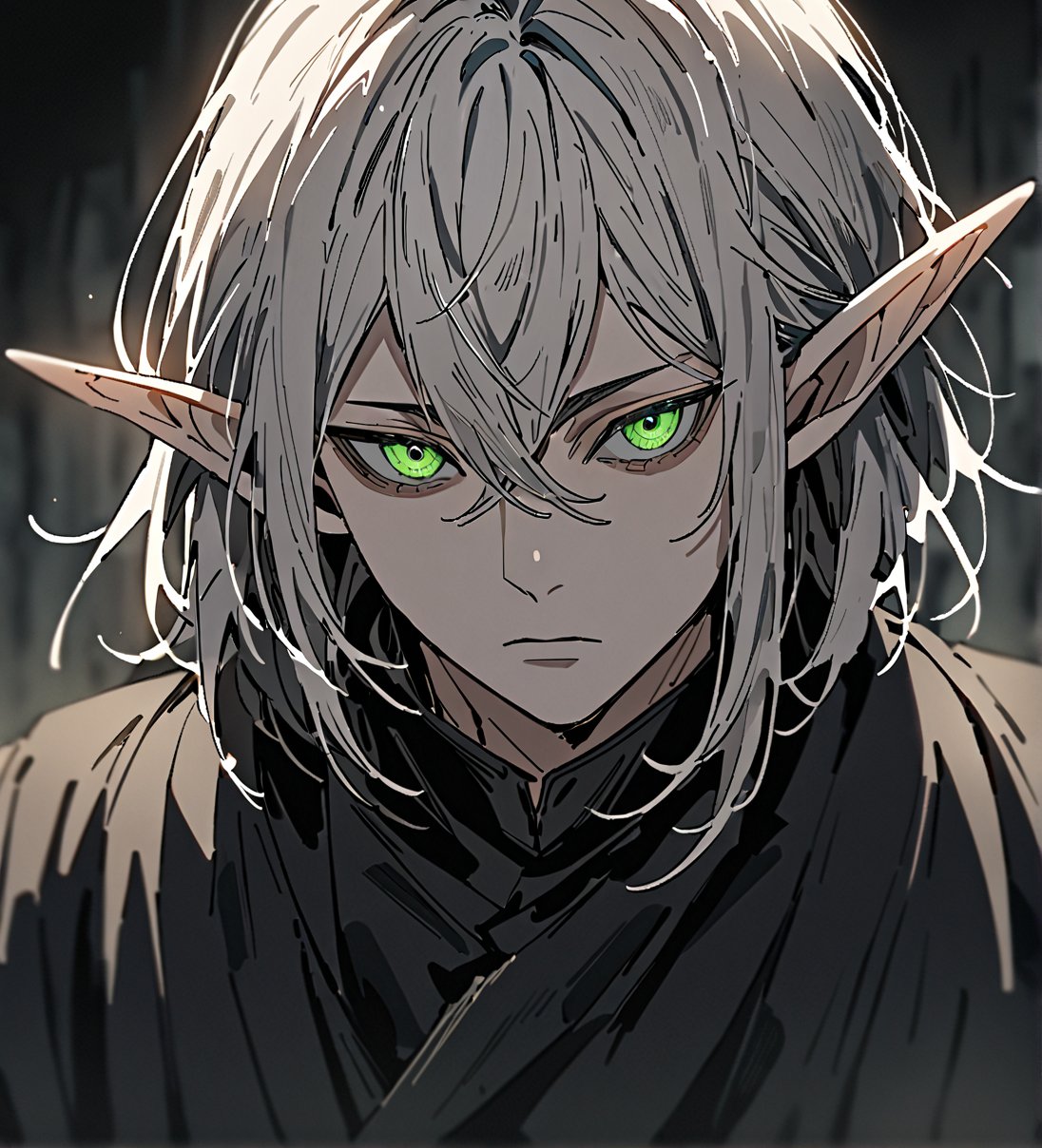 score_9,1boy, men, solo, upper body, focus male, medium hair,  white hair, baggy eyes , green eyes, pointy ears, elf ears, soft skin,  Beautiful eyes, defined body, dark colors, black pants, black cloths, detailed eyes,  normal face, looking at the viewer, JeanKirstein, standing