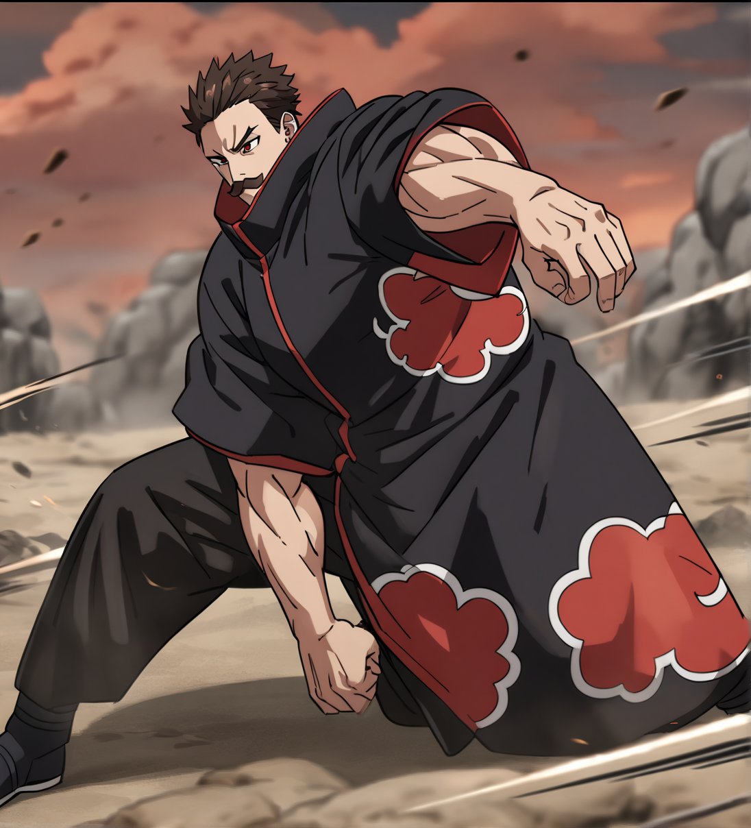 score_9,1boy, men, solo, half body, focus male,short hair,  dark brown hair, baggy eyes , muscle body, red eyes, Beautiful eyes, defined body, dark colors, kimono, hayato gokudera, moustache,  akatsuki cloak, black cloths with red clouds, akatsuki cloths,loose clothing, detailed eyes, big muscles,cloak,  battle position, battle, attack, martial artist, fight, movement lines, wind lines, move effect