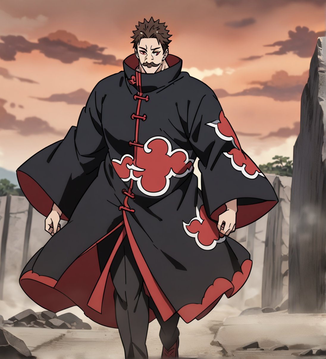 score_9,1boy, men, solo, half body, focus male,short hair,  dark brown hair, baggy eyes , muscle body, red eyes, Beautiful eyes, defined body, dark colors, kimono, hayato gokudera, moustache,  akatsuki coat, black cloths with red clouds, akatsuki cloths,loose clothing, walking, detailed eyes, big muscles,cloak