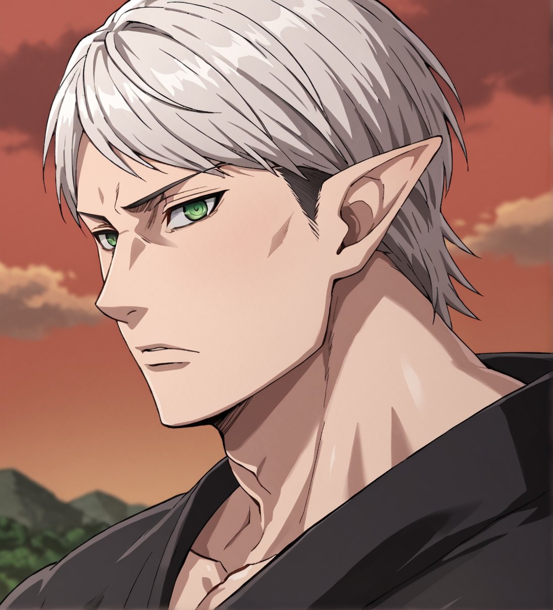 score_9,1boy, men, solo, upper body, focus male, medium hair, white hair, baggy eyes , muscle body, green eyes, pointy ears, elf ears, soft skin, Beautiful eyes, defined body, dark colors, kimono, hayato gokudera, akatsuki cloak, black cloths with red clouds, akatsuki cloths,loose clothing, detailed eyes, big muscles,cloak, normal face, looking at the viewer,JeanKirstein