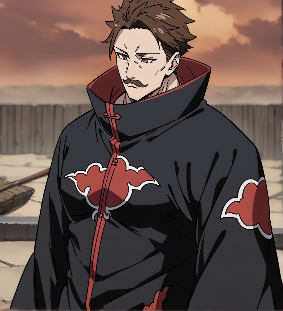 score_9,1boy, men, solo, half body, focus male,short hair,  dark brown hair, baggy eyes , muscle body, red eyes, Beautiful eyes, defined body, dark colors, kimono, hayato gokudera, moustache,  akatsuki cloak, black cloths with red clouds, akatsuki cloths,loose clothing, detailed eyes, big muscles,cloak