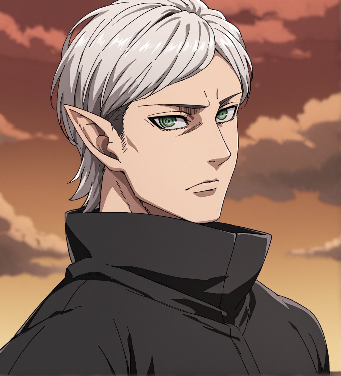 score_9,1boy, men, solo, upper body, focus male, medium hair, white hair, baggy eyes , muscle body, green eyes, pointy ears, elf ears, soft skin, Beautiful eyes, defined body, dark colors, kimono, hayato gokudera, akatsuki cloak, black cloths with red clouds, akatsuki cloths,loose clothing, detailed eyes, big muscles,cloak, normal face, looking at the viewer,JeanKirstein