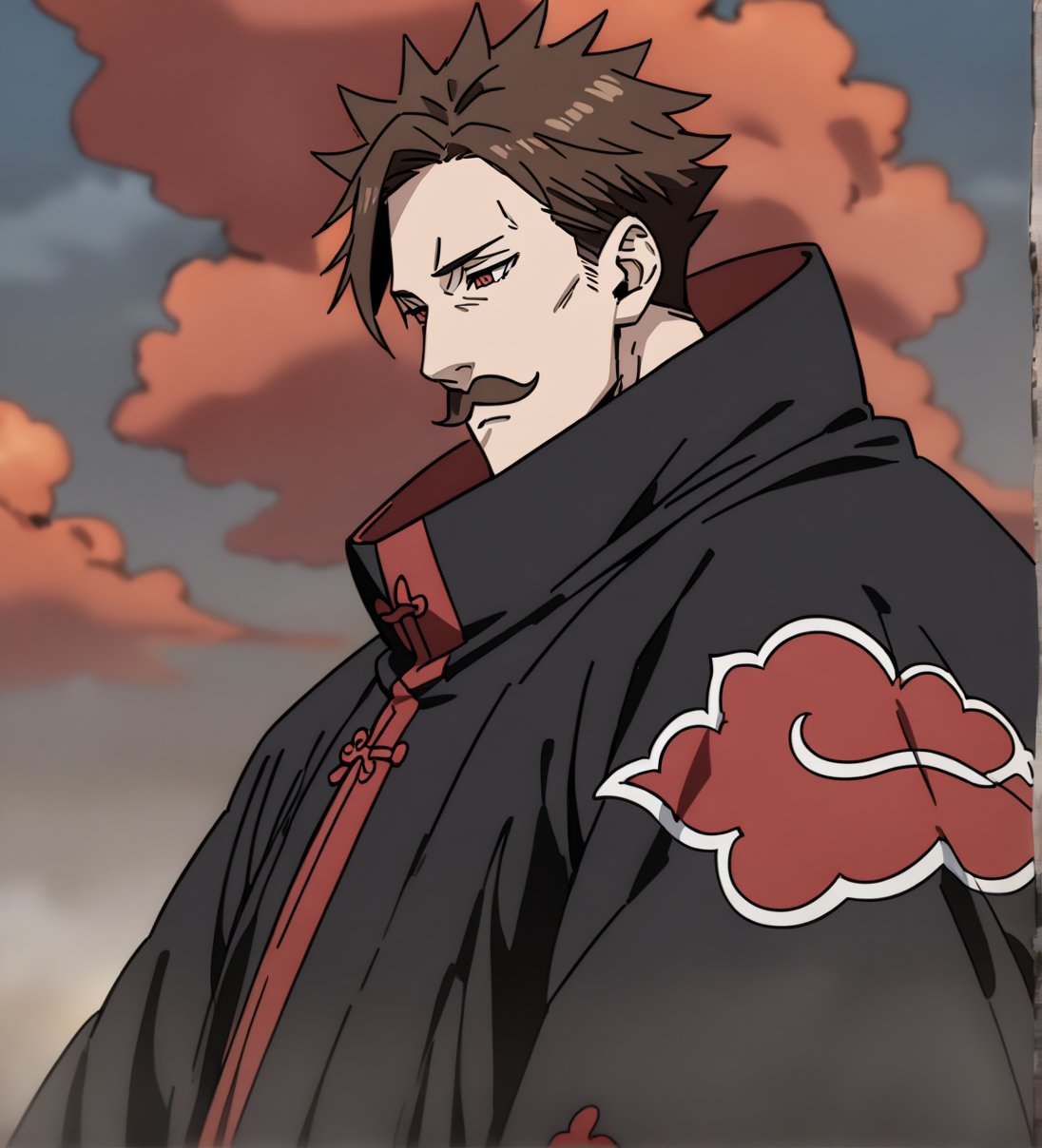 score_9,1boy, men, solo, half body, focus male,short hair,  dark brown hair, baggy eyes , muscle body, red eyes, Beautiful eyes, defined body, dark colors, kimono, hayato gokudera, moustache,  akatsuki cloak, black cloths with red clouds, akatsuki cloths,loose clothing, detailed eyes, big muscles,cloak