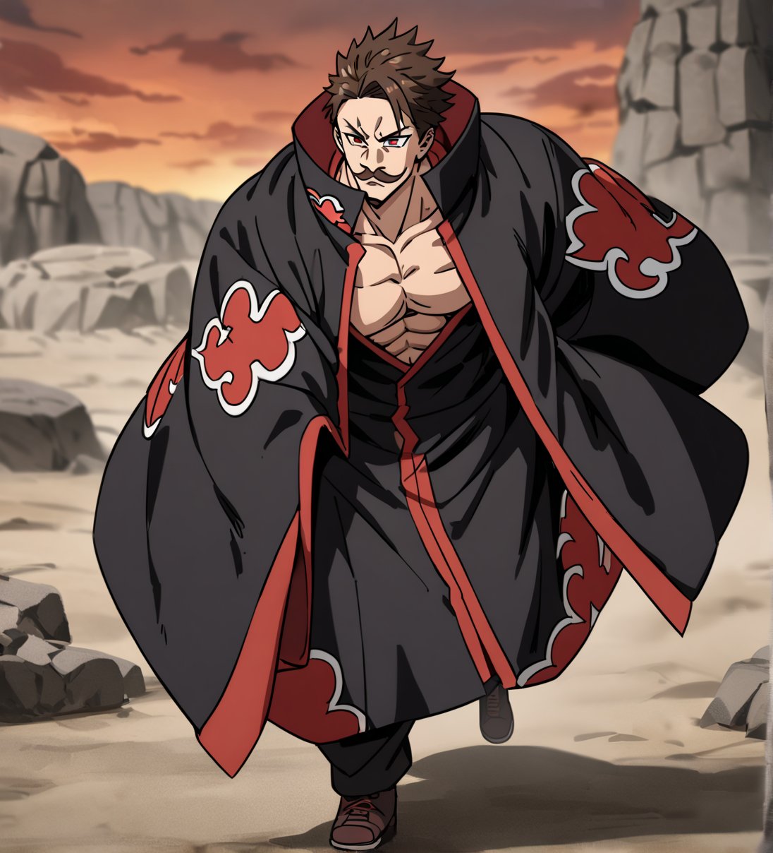 score_9,1boy, men, solo, half body, focus male,short hair,  dark brown hair, baggy eyes , muscle body, red eyes, Beautiful eyes, defined body, dark colors, kimono, hayato gokudera, moustache,  akatsuki cloak, black cloths with red clouds, akatsuki cloths,loose clothing, detailed eyes, big muscles,cloak,  walking, angry face