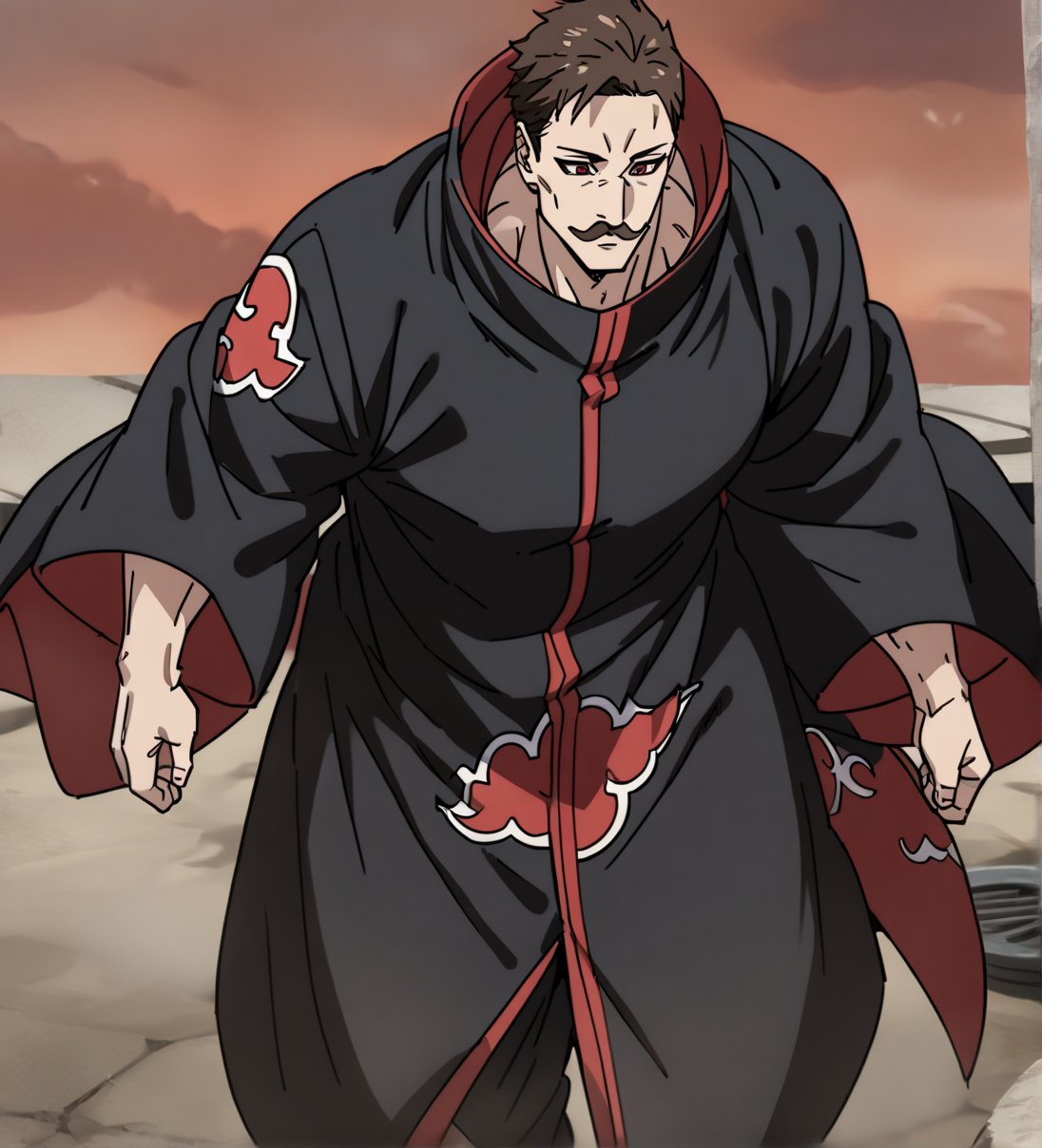 score_9,1boy, men, solo, half body, focus male,short hair,  dark brown hair, baggy eyes , muscle body, red eyes, Beautiful eyes, defined body, dark colors, kimono, hayato gokudera, moustache,  akatsuki cloak, black cloths with red clouds, akatsuki cloths,loose clothing, walking, detailed eyes, big muscles,cloak