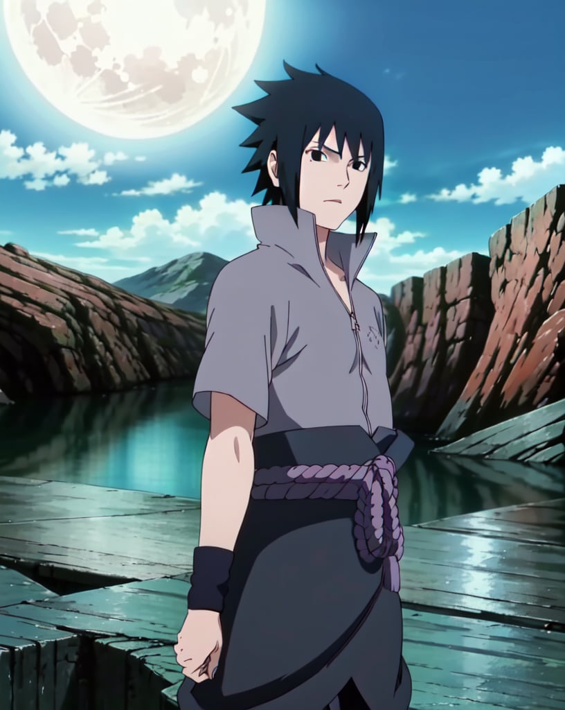 (Sasuke Uchiha),(medium shot:1.5),Solo,Male Focus, Black hair, spiky hair,black eyes,Grey shirt,short sleeve,(detailed black eyes),anime landscape,(dark sky),full moon,big clouds,utility post,rustic city,[[Best Quality]],[[8k]],masterpiece,{{{best quality}}},(illustration)),{{{extremely detailed}}},(extremely fine and beautiful:1.1),(perfect details:1.1),(extremely fine and beautiful:1.1)