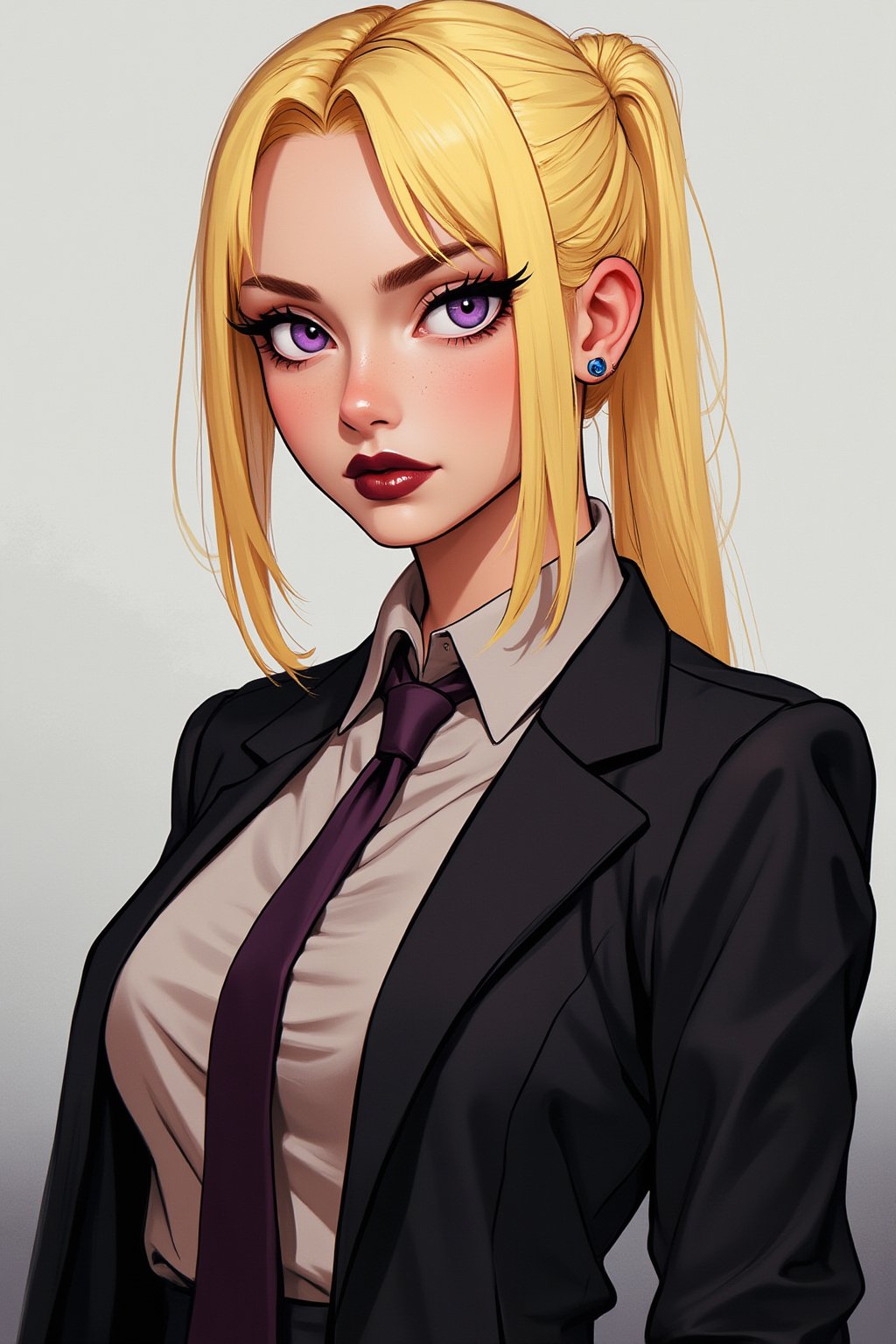 1girl, female_solo, blond hair, dark lipstick, purple eyes, long_ponytail, business woman, looking_at_viewer, simple background, frazzled, overworked