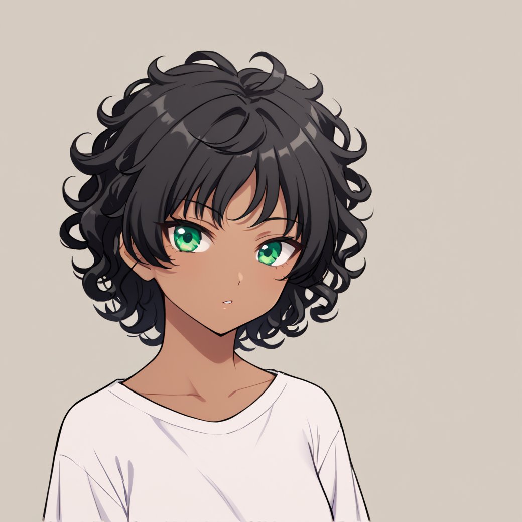 1girl, female_solo, black hair, wolf hair cut, curly hair,  ((Curly hair)), black hair, dark skin, green eyes, tomboy, oversized white shirt, baggy black jeans, quiet expression,  looking_at_viewer,wavy hair, curls