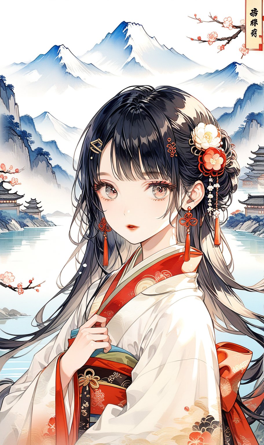  score_9, score_8_up,  score_7_up, source_anime BREAK  1girl,looking at viewer,Exquisite details, a perfect figure of a girl,beautiful face,detailed eyes,lipstick,hairpin,black hair,long hair,dynamic hair,hanfu,Chinese style,mountain,river,sky,upper body