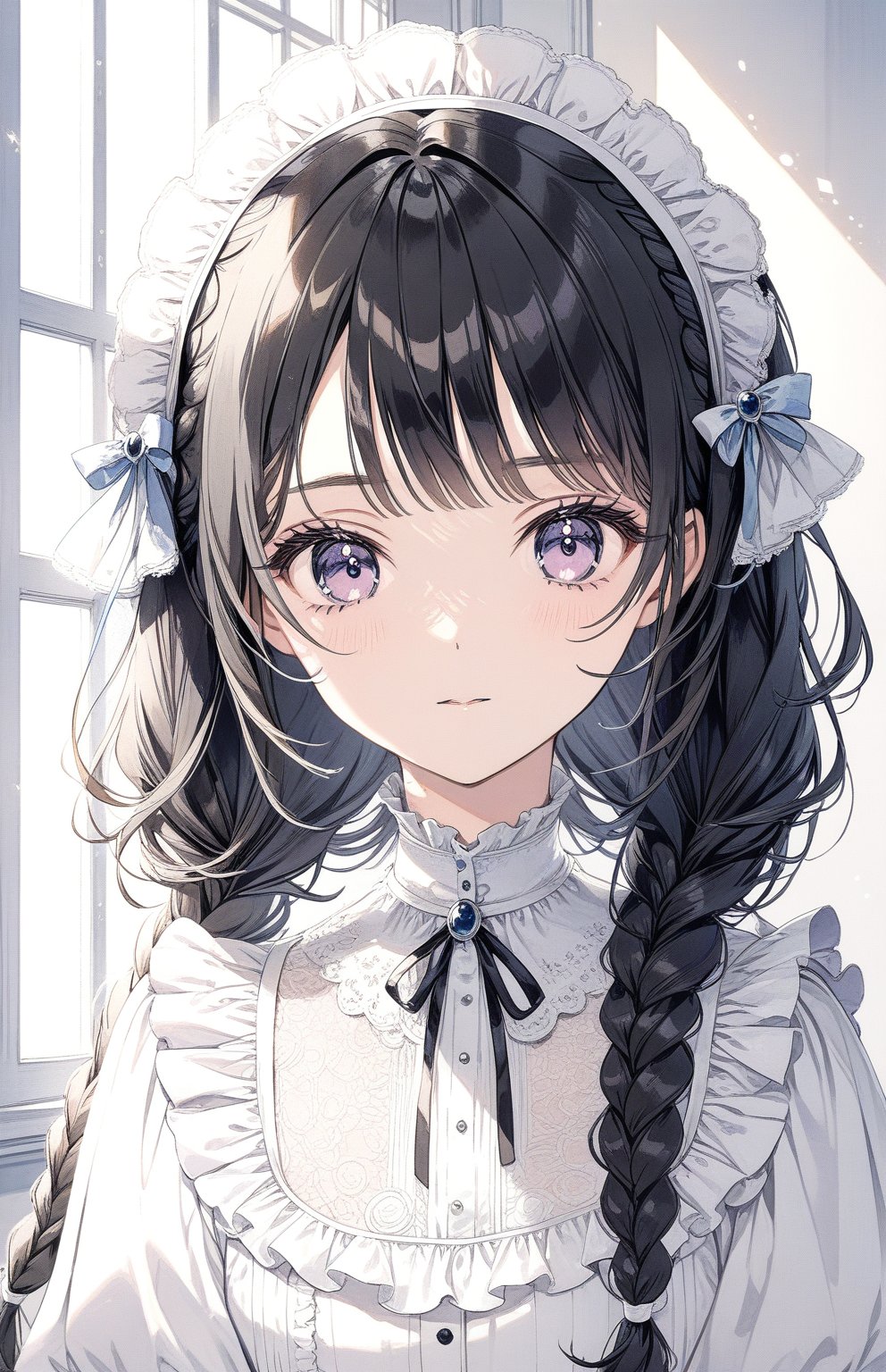 1girl,masterpiece,indoor,window,sunshine,bury background,black  hair,twin braids,bangs,cute face,delicate detailed,maiden,lolita,looking at viewer,portrait