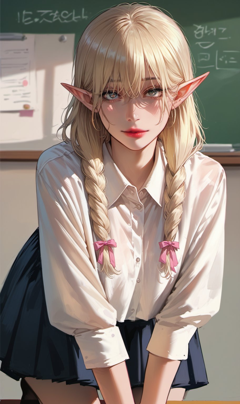 Prompt: score_9, score_8_up,  score_7_up, source_anime BREAK  1girl,looking at viewer,Exquisite details, a perfect figure of a girl,cute,beautiful face,long golden hair, bangs,elf ear,maiden,maiden,pink nails,short twin pigtails,school uniform,bright,kneeling,lipstick,half body,classroom