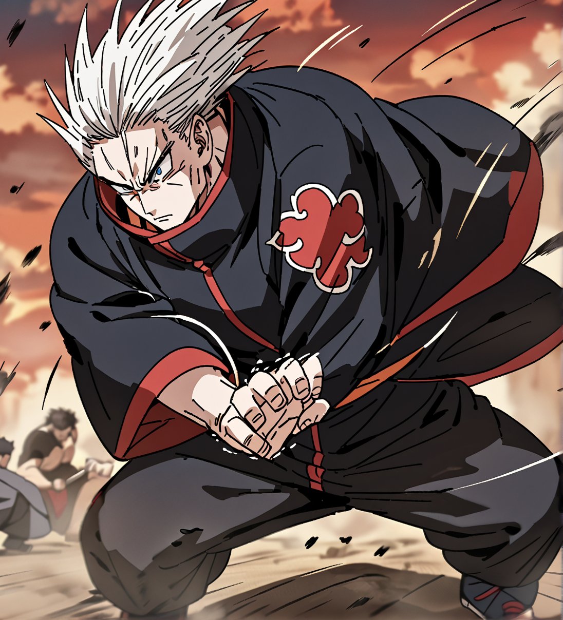 score_9,1boy, men, solo, upper body, focus male, Long hair, straight hair, White hair, baggy eyes , muscle body, Blue eyes, Beautiful eyes, defined body, dark colors, kimono, hayato gokudera,  akatsuki cloak, black cloths with red clouds, akatsuki cloths,loose clothing, detailed eyes, big muscles,cloak, normal face, detailed face, battle position, battle, attack, martial artist, fight, movement lines, wind lines, move effect