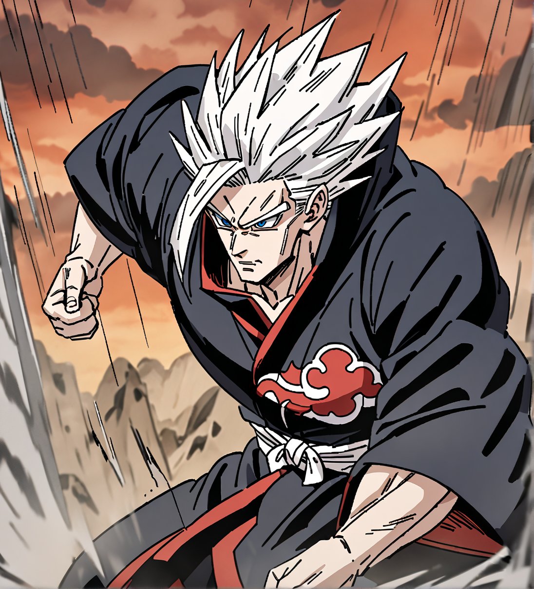 score_9,1boy, men, solo, upper body, focus male, Long hair, straight hair, White hair, baggy eyes , muscle body, Blue eyes, Beautiful eyes, defined body, dark colors, kimono, hayato gokudera,  akatsuki cloak, black cloths with red clouds, akatsuki cloths,loose clothing, detailed eyes, big muscles,cloak, normal face, detailed face, battle position, battle, attack, martial artist, fight, movement lines, wind lines, move effect,gokuxl