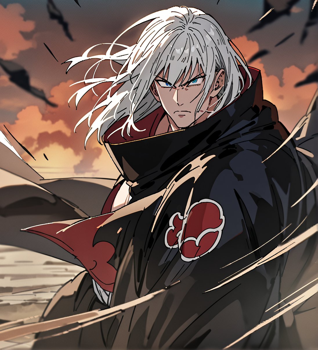 score_9,1boy, men, solo, upper body, focus male, Long hair, straight hair, White hair, baggy eyes , muscle body, Blue eyes, Beautiful eyes, defined body, dark colors, kimono, hayato gokudera,  akatsuki cloak, black cloths with red clouds, akatsuki cloths,loose clothing, detailed eyes, big muscles,cloak, normal face, detailed face, battle position, battle, attack, martial artist, fight, movement lines, wind lines, move effect