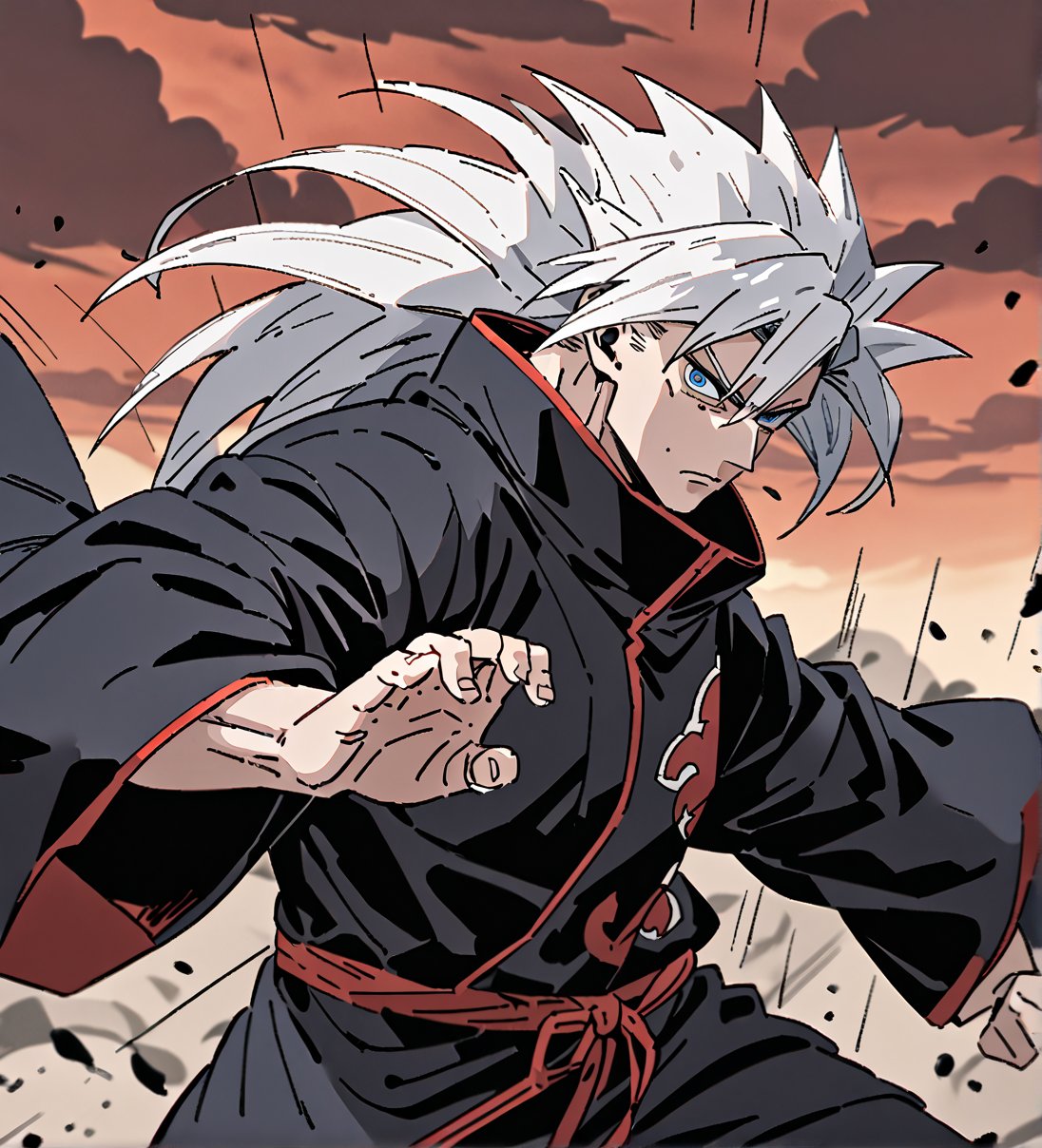 score_9,1boy, men, solo, upper body, focus male, Long hair,  White hair, baggy eyes , muscle body, Blue eyes, Beautiful eyes, defined body, dark colors, kimono, hayato gokudera,  akatsuki cloak, black cloths with red clouds, akatsuki cloths,loose clothing, detailed eyes, big muscles,cloak, normal face, looking at the viewer, battle position, battle, attack, martial artist, fight, movement lines, wind lines, move effect