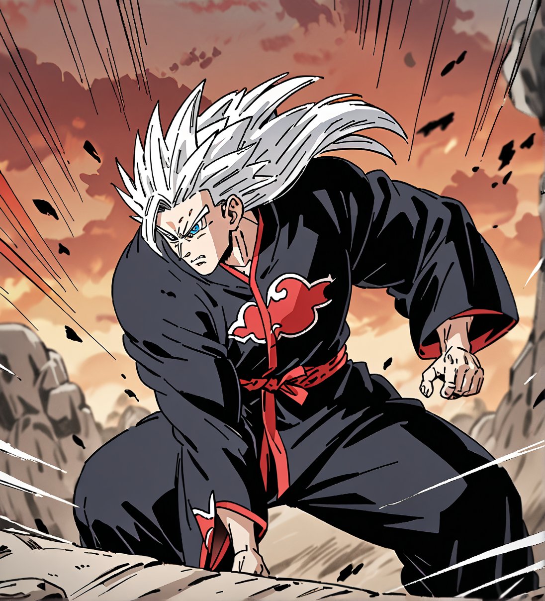 score_9,1boy, men, solo, upper body, focus male, Long hair, straight hair, White hair, baggy eyes , muscle body, Blue eyes, Beautiful eyes, defined body, dark colors, kimono, hayato gokudera,  akatsuki cloak, black cloths with red clouds, akatsuki cloths,loose clothing, detailed eyes, big muscles,cloak, normal face, detailed face, battle position, battle, attack, martial artist, fight, movement lines, wind lines, move effect,gokuxl