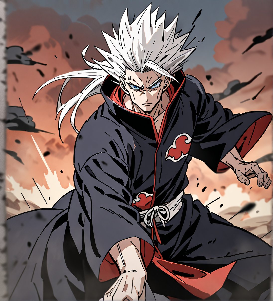 score_9,1boy, men, solo, upper body, focus male, Long hair,  White hair, baggy eyes , muscle body, Blue eyes, Beautiful eyes, defined body, dark colors, kimono, hayato gokudera,  akatsuki cloak, black cloths with red clouds, akatsuki cloths,loose clothing, detailed eyes, big muscles,cloak, normal face, looking at the viewer, battle position, battle, attack, martial artist, fight, movement lines, wind lines, move effect