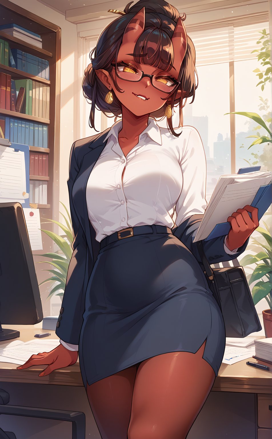 score_9, score_8_up, score_7_up, score_6_up, score_5_up, source_anime,masterpiece,(beautiful face,delicate face),hair updo,mature,red skin,meru,office lady,office,black glasses,pantyhose,standing,biting lip