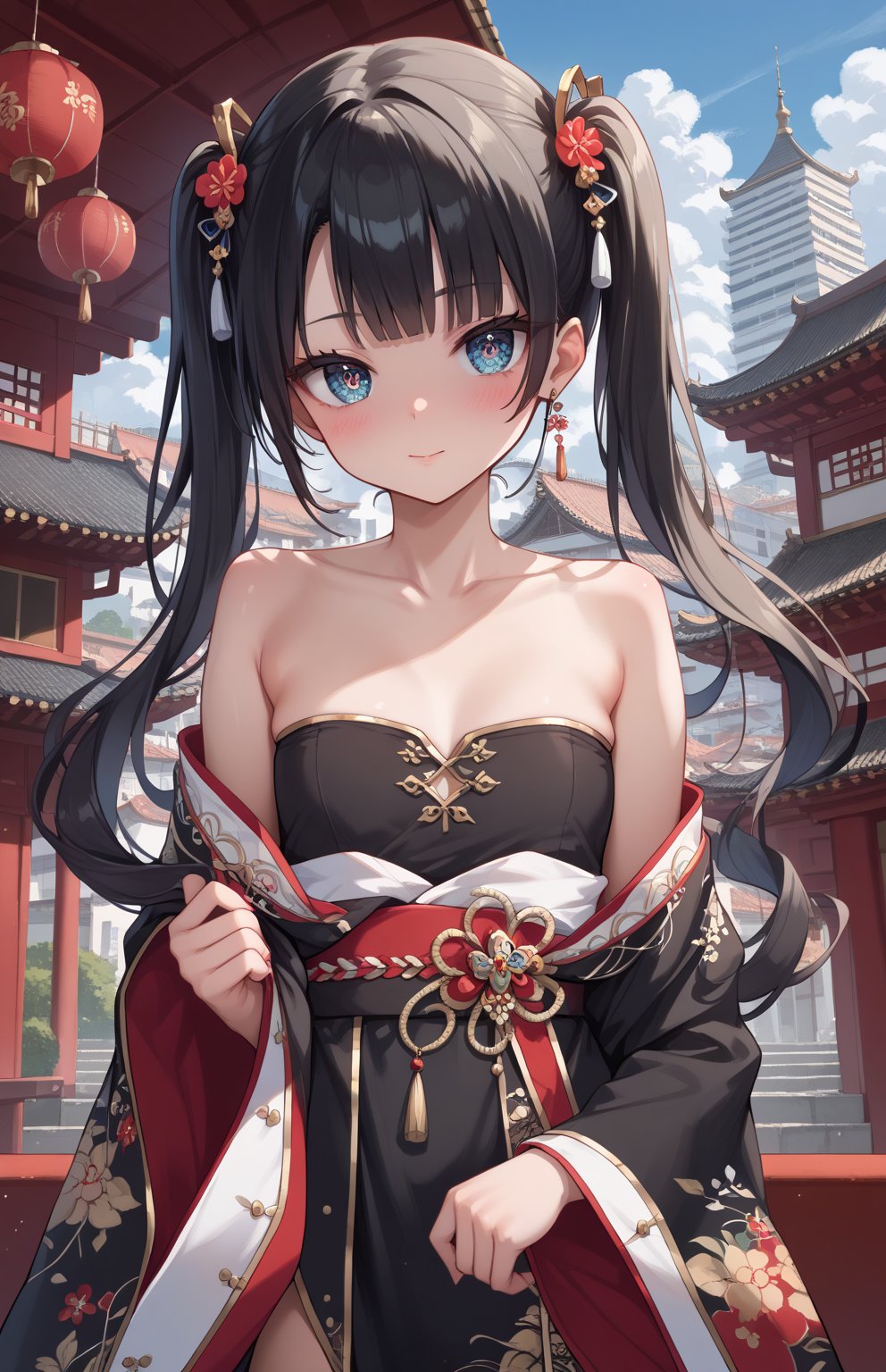 score_9, score_8_up, score_7_up, score_6_up, score_5_up,source_anime,1girl,masterpiece,indoor,China building,blur background,black hair,twintails,bangs,side hair,delicate detailed,detailed eyes,(beautiful face),eye shadow,blush,ruanyi0766,hanfu,jewelry,black dress,off shoulder,wide sleeves,strapless,looking at viewer,(front view),upper body