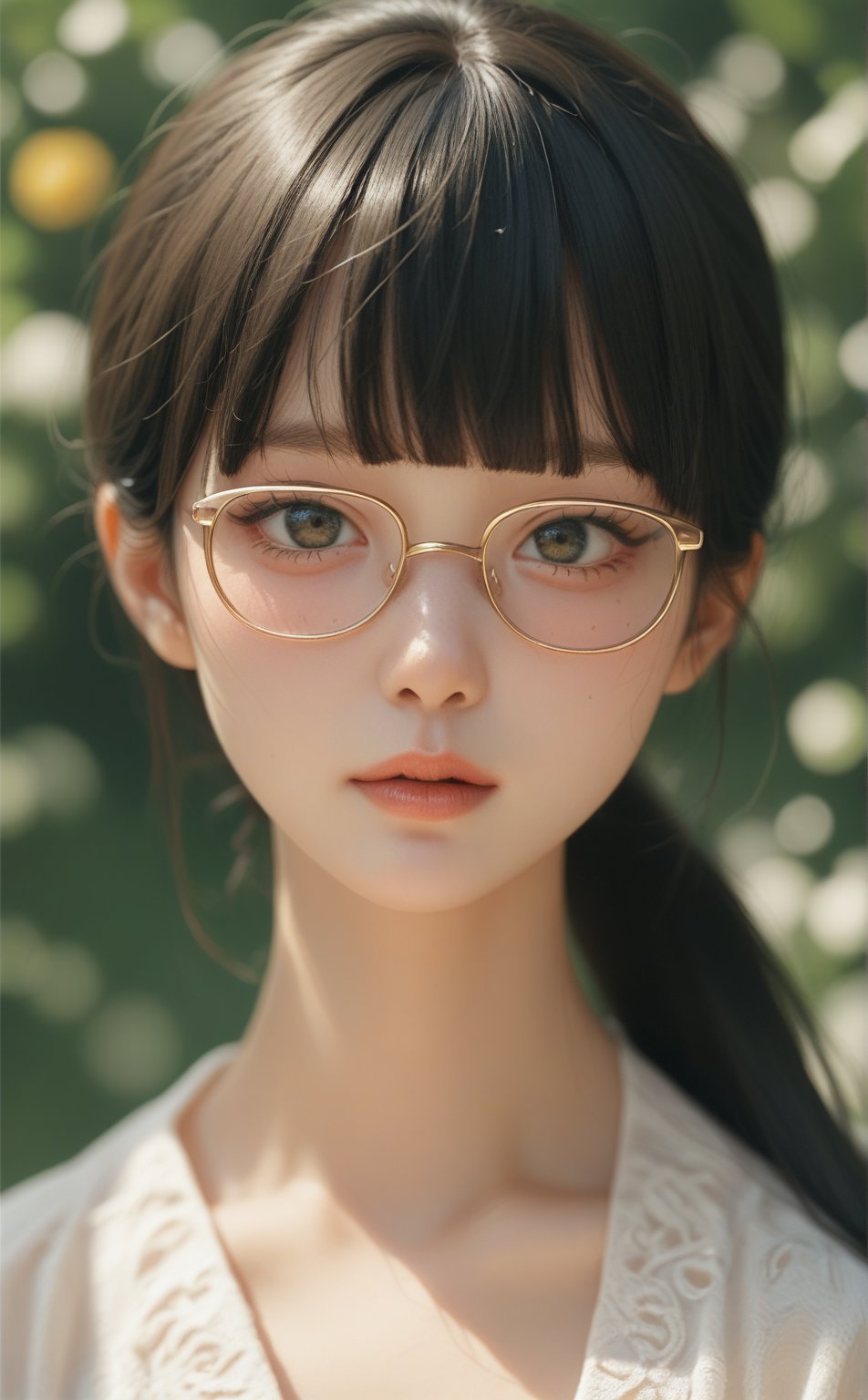 score_9, score_8_up, score_7_up, score_6_up, score_5_up,masterpiece,(beautiful face,delicate face),ponytail,hime cut,bangs,black hair,loli,glasses,navel