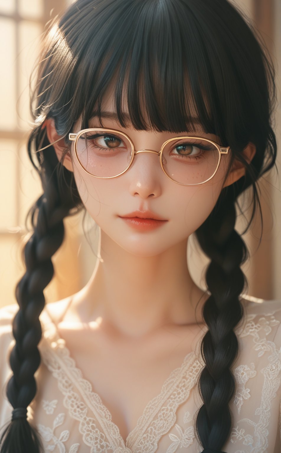 score_9, score_8_up, score_7_up, score_6_up, score_5_up,masterpiece,(beautiful face,delicate face),twin braids,bangs,black hair,loli,glasses