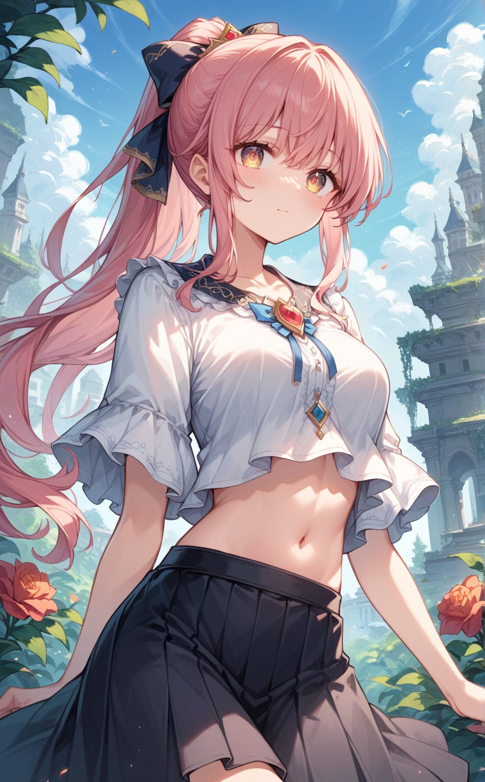 score_9, score_8_up, score_7_up, score_6_up, score_5_up, source_anime,masterpiece,(beautiful girl,pretty face,cute),(delicate eyes),maiden,pink hair,bangs,ponytail,dynamic hair,sky,nature,white shirt,navel,black skirt