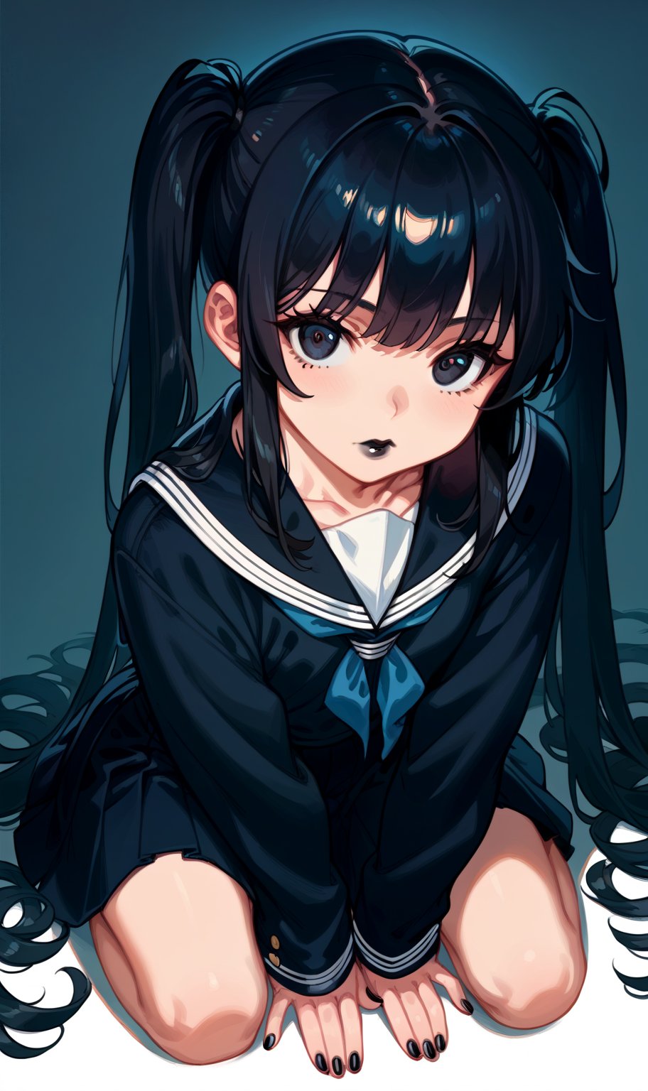 Prompt: score_9, score_8_up,  score_7_up, source_anime BREAK  1girl,looking at viewer,Exquisite details, a perfect figure of a girl,cute,beautiful face,long black hair,twin ponytails,bangs,A melancholy maiden,black nails,school uniform,bright,kneeling,black lipstick,Vertical view