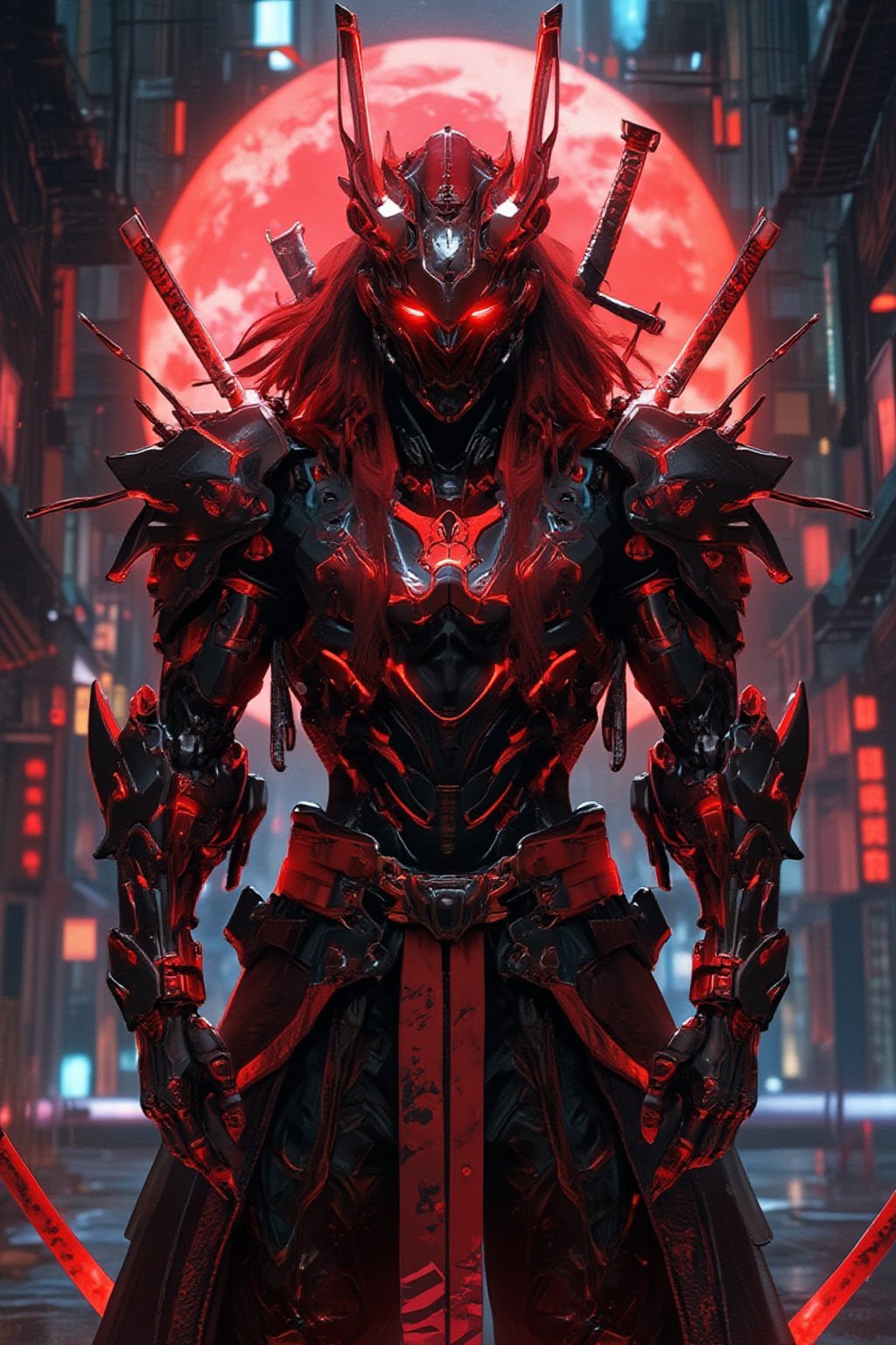 a red and black demon standing upright on the ground with two swords in front of him, very beautiful cyberpunk samurai, cyberpunk samurai, anime cyberpunk art, anime cyberpunk, cyberpunk anime art, cyborg samurai, digital cyberpunk anime art, portrait of a cyberpunk samurai, digital cyberpunk - anime art, anime cyborg, cyberpunk artstyle, cyberpunk art style, trending on artstation pixiv, cyberpunk character art, demon samurai, cyborg ninja, advanced digital cyberpunk art, cyberpunk assassin, anfas portrait of a mech warrior, cyberpunk character design