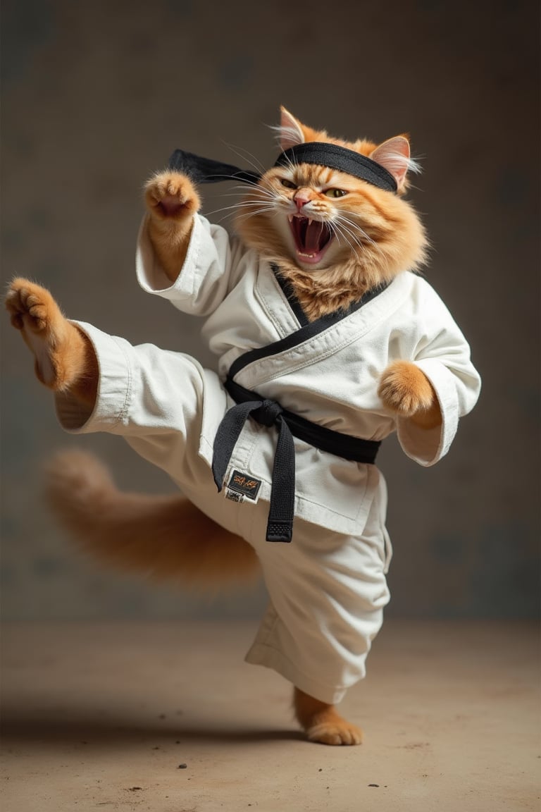 a photo of a fat cat wearing a karate kimono with a black belt and a headband doing a flying kick and scream