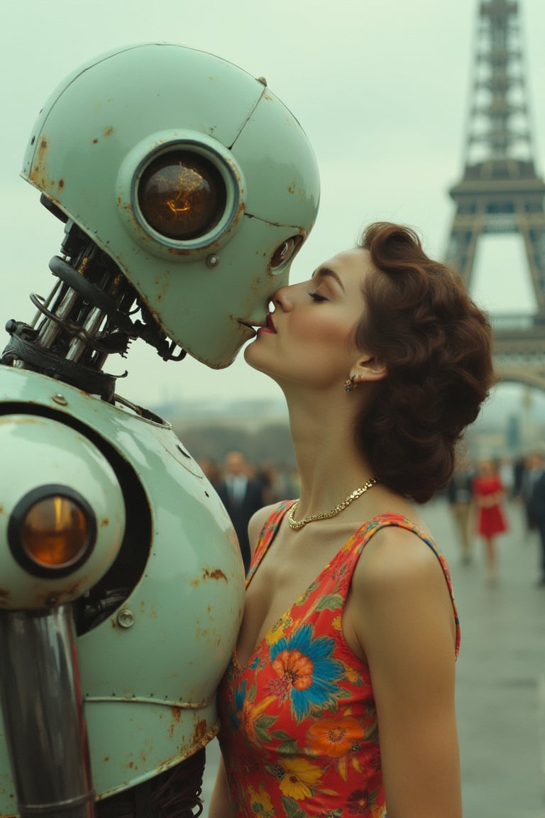 Create a surreal photo of a gorgeous sixties retro woman in a colorful dress kissing a big robot, it’s a cloudy day, day in Paris, dark pastel colors, 35mm vintage kodak photography, easynegative, detailxl, CyberRealistic_Negative, perfecteyes, perfect eyes, skin blemish, detailed skin, FRESHIDEAS Illustration 62#, dark, chiaroscuro, low-key