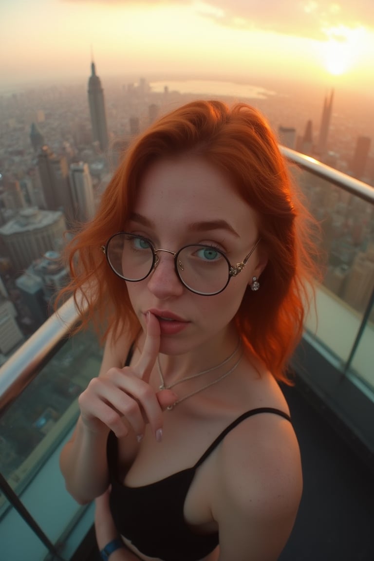 A beautiful 18-year-old woman with ginger hair, medium wavy hair,  striking aqua eyes, soft freckles, bold eyebrows, and glasses for a nerdy appearance. She is in a modern, stylish outfit, and is captured in an upper body camera shot, striking a random pose as she looks towards the viewer.

A high-rise rooftop overlooking a city skyline during sunset, with warm golden hues, a slight breeze moving the hair, and the distant glow of city lights starting to come alive.The rooftop features sleek, glass railings, providing an unobstructed view of the sprawling city below. The glass reflects the warm tones of the sunset, adding a touch of modern elegance.

A delicate chain attached to her glasses, allowing them to hang around her neck when not in use.Small, understated stud earrings,  shaped like a planets.

Index finger gently pressed against her lips in a “shh” gesture, with a playful or mysterious expression.




