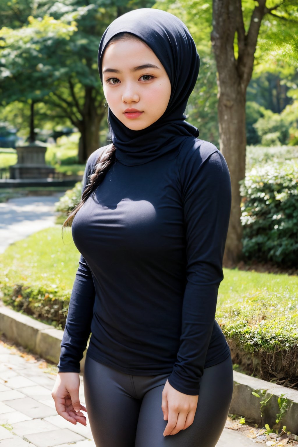 best work, beautiful 15 year old teenage girl, wearing a hijab, natural thick eyebrows, wearing a tight black long-sleeved shirt and gray leggings, in a city park