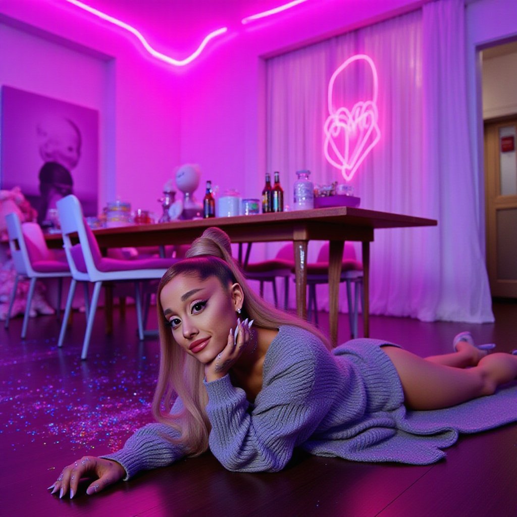 Ariana Grande (arianagrande), A vibrant, neon-lit photograph captures a young woman lying on her stomach on a dark wooden floor in a modern bedroom setting. The foreground features the subject, who has long light brown hair tied up in a high bun and is adorned with sparkling glitter makeup on her face, neck, and upper body. She wears a loose-fitting gray ribbed knit sweater that drapes over her body, revealing her glowing skin underneath. Her right cheek rests on her hand while her left arm supports her head, creating a relaxed pose. Glitter drips down her buttocks, enhancing the ethereal quality of the scene. In the midground, there's a rectangular wooden dining table surrounded by white chairs with pinkish-purple cushions, cluttered with various items including bottles, food, and stuffed animals. A neon heart sign emits pink light, adding to the vibrant ambiance. The background showcases sheer white curtains partially covering a window, with a door visible on the right side. Neon lights outline the ceiling and walls, casting a soft pink glow throughout the room. On the left wall, a large canvas or poster featuring a monochrome portrait can be seen. Various other objects, such as neon sticks, glowing items, and colorful sparkles scattered on the floor, contribute to the overall futuristic and artistic mood. The composition centers around the subject, creating a balanced visual effect amidst the neon-lit environment, evoking a sense of nighttime relaxation and contemporary vibrancy.