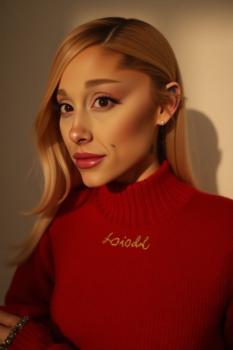 A close-up photograph of Ariana Grande, (arianagrande), ((masterpiece)), (8k, photorealistic, RAW photo, best quality: 1.4), (1girl), beautiful face, (realistic face), short side cascading hairstyle, hair strand, realistic eyes, detailed eyes, (realistic skin), beautiful skin, fair skin, glistening skin, slender chest, (red wool sweater embroidery with golden thread with calibri font sentences), stone cross bracelet, navel visible, short tight pants, cameltoe, absurdres, attractive, ultra high res, ultra realistic, highly detailed, close up, low angle photo shot, diffused light to filter through, creating a halo effect around her head and casting gentle shadows on her skin. The scene is enveloped in a cosy morning fresh depth and atmosphere. The overall mood is edgy and modern, enhanced by the warm color palette and low-key lighting.