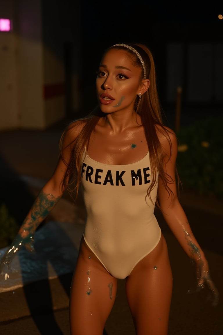 A night scene captures Ariana Grande (arianagrande), She has long brown hair tied back in a high ponytail with a sparkling silver hairband. Her outfit consists of a tight clingy wet white bodysuit with 'FREAK ME' printed in bold black letters across the chest, Her expression is bemused, slightly tilted up head, a big splash of massive transparent glue fluid spread on her whole face and chest, slightly surprised, towards the camera, In the background derelict darkened simple moody scene, The lighting is predominantly yellows and pink, casting a warm tone over the scene and creating high contrast shadows and highlights. The wet ground enhancing the overall mood, provocative overtones, anatomical accuracy, well proportioned, slr, 35mm lens, flirty pin-up, sweat, oily skin, octane, volumetric, 8k