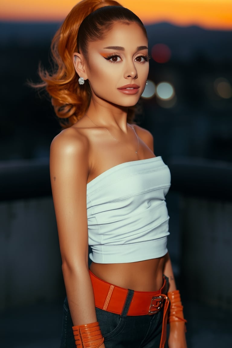 3/4 shot of Ariana Grande, soft focus with subtle highlighting on her cheekbones and cupid's bow. She's looking directly at the camera, her eyes shining bright like diamonds. Her sleek long curly orange ponytail look edgy, heart-shaped face. A delicate silver necklace adorns her neck as she white strapless top, black cargo pants and orange high heel boots, accentuating her toned physique. The background is a blurred simple-scape at dusk, with warm orange and pink hues, mesmerizing, sophisticated, provocative